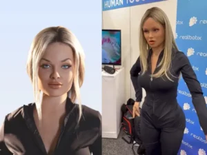 Robô ultrarrealista com aparência humana, tecnologia avançada em robótica.